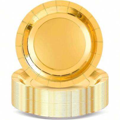 5pcs Gold Round Paper Cake Plates, Dessert Trays, Suitable For Parties; Plates For Snacks & Appetizers; Elegant Dinnerware Choice For Celebrations & Events