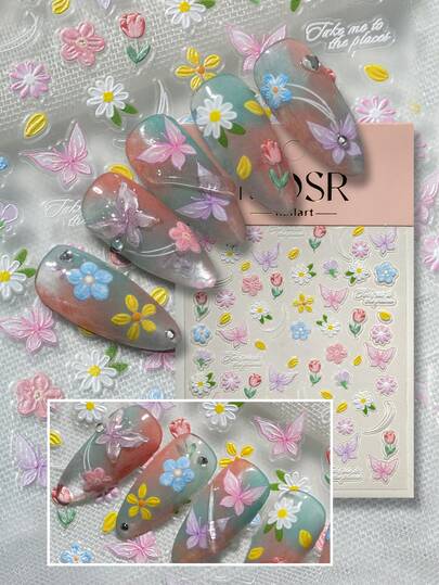 1 Sheet Macaroon Color Floral & Dreamy Element Nail Art Stickers, Featuring Soft Tulips, Daisies, 5-Petal Flowers, Paired With Pink-Purple Gradient Butterflies, Crescent Moons, Yellow Waterdrops, Creating A Gentle, Healing, Layered, Ethereal Aesthetic Suitable For Sweet, Fairy, Spring, Or Soft Styles, Easily Matching Daily, Date, And Spring Outfits