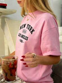 New York Los Angeles Independence Day Graphic Tee Independence Day Shirt Y2k Woman Teen Girls Tee,Vintage Print Top, Funny Cute Graphic Letter Tee Crew Neck Cool Summer Shirt Short Sleeve Top,Animal Fruite Pet Pattern, Women Graphic-Shirt, Fashion 2025,Gifts, Women's Clothing, Cartoon And Letter Printing, Comfortable Cotton Material, Skin Friendly, Soft And Cool, Spring Summer Women's-Shirt ClothingSports Short Sleeves - 粉色 - 查看 11