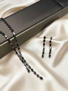 女士奢华珠宝套装，水晶水钻项链+耳环三件套，黑色，优雅简约风格，适合派对、婚礼、节日和日常搭配。 - 黑色 - 查看 4