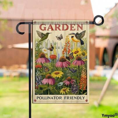 这款双面花园装饰旗对授粉昆虫友好，旗面上印有色彩缤纷的花朵和蜂鸟图案，营造出生机勃勃的视觉效果。
