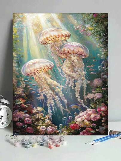 Pintura al óleo por números de fantasía del océano de medusas, manualidades de pintura sobre lienzo para decoración del hogar de adultos 40x50cm/16x20 pulgadas, regalos para vacaciones
