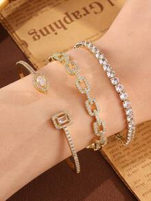 3pcs Elegant Fashion Hollow Water Drop Square Bangle Bracelet, Versatile Accessory Suitable For Teenagers, Gift For Friends - Jewelry Set - View 1