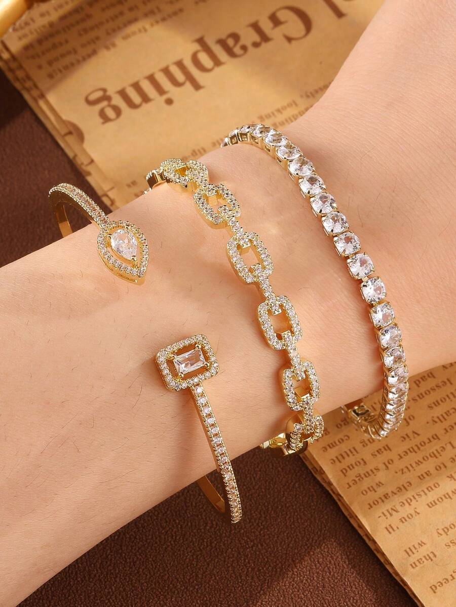3pcs Elegant Fashion Hollow Water Drop Square Bangle Bracelet, Versatile Accessory Suitable For Teenagers, Gift For Friends - Jewelry Set - View 1