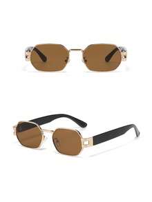 1pc Metal Small Frame Polygonal Fashion Fashion Glasses, Elegant Personalized Street Style Glasses For Women - Gold Frame Tea Leaves - View 3