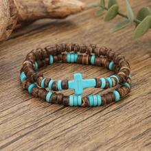 RINTOLER 1set/3pcs Boho Style Coconut Shell & Turquoise Beads Hollow Elastic Bracelet Set, Suitable For Daily Wear Or Vacation Matching - Multicolor - View 13