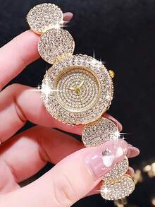 1款时尚奢华全水晶水钻圆形石英女表，多功能钢表带，适合节日、派对、婚礼、返校季、圣诞节、感恩节、万圣节、复活节等场合佩戴，也可作为礼物赠送。 - 金色 - 查看 6