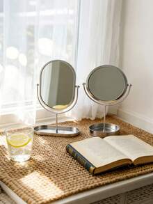 1 Stück exquisiter nordischer Luxus-Stil Tisch-Kosmetikspiegel, oval oder rund optional, kreativer Metallrahmen, unten mit Aufbewahrungsfach, geeignet zum Abstellen von Lippenstift, Kosmetika, Schmuck, Parfüm, Make-up-Pinsel, Aromatherapie-Produkte usw. - Verschiedenfarbig - Übersicht 3
