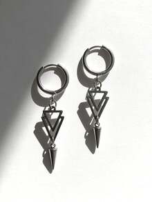 2 piezas Pendientes con colgante de triángulo invertido de metal estilo punk callejero y ciberpunk, adecuado para hombres y mujeres, estilo callejero único - Plateado - Ver 4