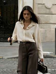 Women's Casual Loose Elegant Commuter Minimalist Soft Fashion Polo Collar Long Sleeve Shirt, Suitable For Multi-Occasion Wear Such As Commuting, Work, Home In All Seasons Spring - Apricot - View 2