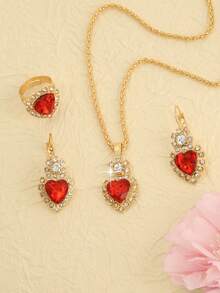 一套法式宫廷风格红色心形耳环+项链+戒指首饰套装，新娘首饰套装 - 彩色 - 查看 6