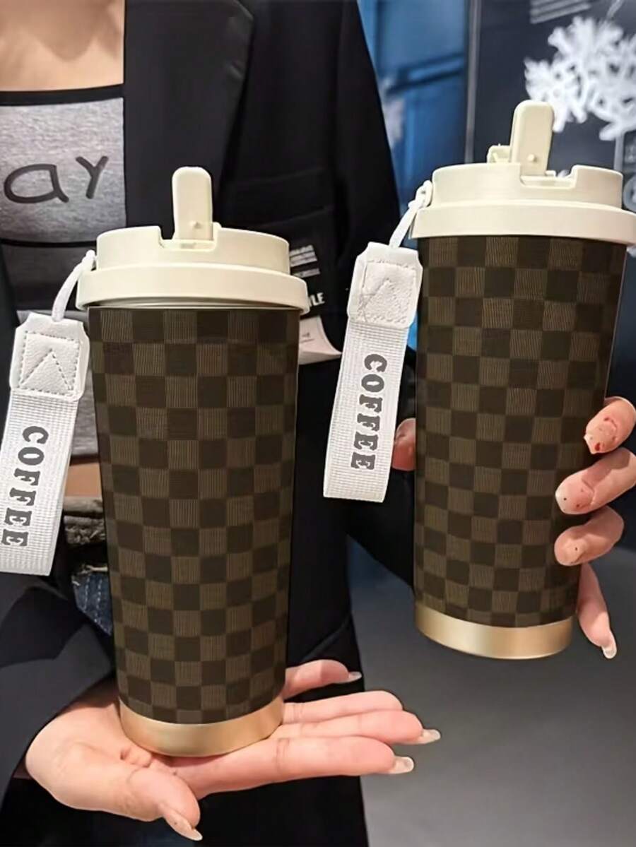 1pc 18oz Stainless Steel Insulated Travel Mug. Brown Plaid Themed Print. Comes With Hand Strap. Comes With A Straw. Outdoor Cup. Travel Mug. Coffee Cup. Birthday Gift. Christmas Gift. Halloween Gift. - Multicolor - View 1