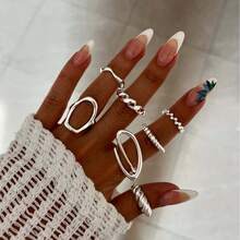 7件套不对称金属光滑戒指，个性百搭戒指，适合女性日常佩戴 - 彩色 - 查看 8