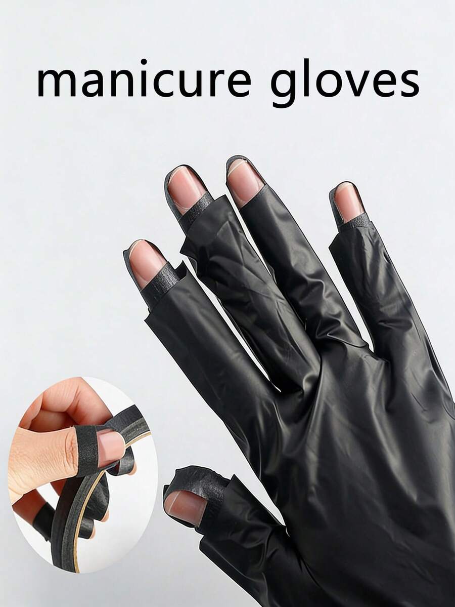 1张遮蔽纸/10只一次性黑色美甲手套，高弹性，适用于美甲灯 - 彩色 - 查看 1