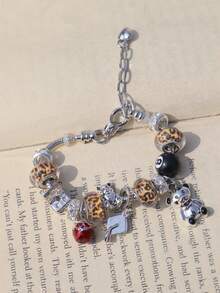 1pc Back To School Leopard Print Bear Charm Bracelet, Street Fashion Star Bracelet, Graduation Doctoral Cap Bracelet, Renaissance Style Bear Bracelet, Dark Skeleton Charm Bracelet - Silver - View 9