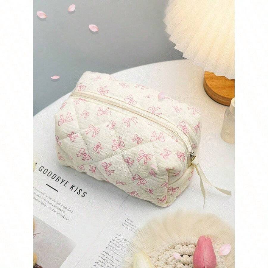 Cute Bow Make Up Bag Cute Bow Knot Pattern Toiletries Bag Travel Make Organizer Zipper Pouch, Quilted Cosmetics Bag, Stylish Foldable Commuter Makeup Bag For Brushes Aesthetic Cosmetic Bag For Gift, Friend, Girls, Student Quilted Floral Flower Zippered Makeup Bag Cute Floral Cosmetic Bag With Zipper Gift Storage Jewelry Organizer Box Bathroom Set Valentines Back To School Supplies - 粉色 - 查看 1