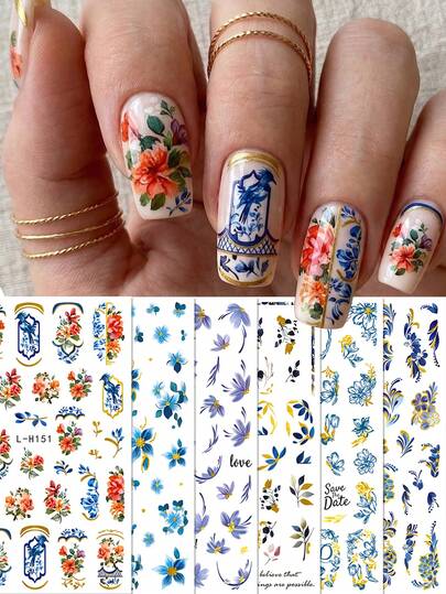 6pcs Vintage Floral & Bird Gold Trim Nail Art Stickers - Retro Chinoiserie & Ditsy Florals Nail Decals - Luxury Baroque Style - Spring/Wedding/Ramadan/Music Festival DIY Nail Art Decorations