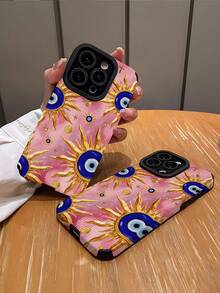 1pc Minimalist Pink Sun & Blue Evil Eye Pattern Vertical Faux Leather Soft Protective Phone Case, Suitable As Gift For Friends And Lovers, Compatible With IPhone And Models 17/17AIR/17PRO/17PROMAX - Multicolor - View 2