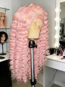 Light Pink Lace Front Wigs Long Synthetic Wigs Afro Kinky Curly For Women Party Transparent Kinky Curly Lace Frontal Wig 13x4 Rose Pink Color Wigs For Women Synthetic Lace Front Heat Resistant - 粉色 - 查看 3