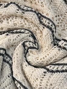 时尚女士罩衫连衣裙，优雅V领无袖镂空设计薄款提花针织长裙 - 杏色 - 查看 4