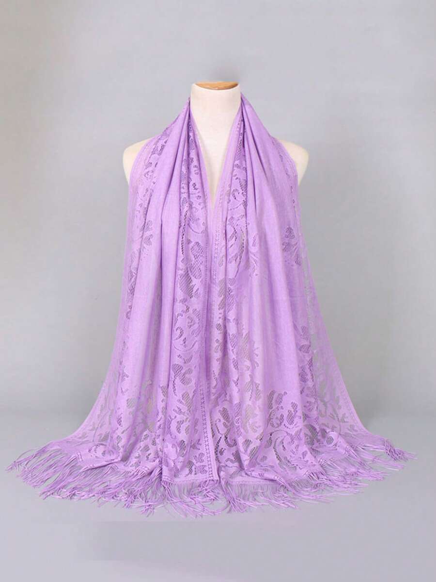 1pc Hollow Lace Tassel Scarf/Shawl/Beach Wrap - Purple - View 1