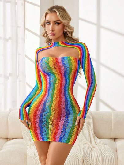 Bộ 2 món đồ lót gợi cảm nhiều màu sắc cầu vồng dành cho nữ, gồm váy ngắn cúp ngực không dây và áo ngủ tay dài raglan quyến rũ, thích hợp cho các buổi tiệc tùng ở câu lạc bộ.