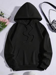 女士纯色连帽卫衣，轻薄无绒户外休闲套头衫，带抽绳帽，柔软舒适，适合徒步、旅行和日常休闲穿着，黑色 - 黑色 - 查看 2