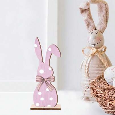 Easter Polka Dot Rabbit Wooden Figurine, Wooden Craft Decor, Home Decoration
