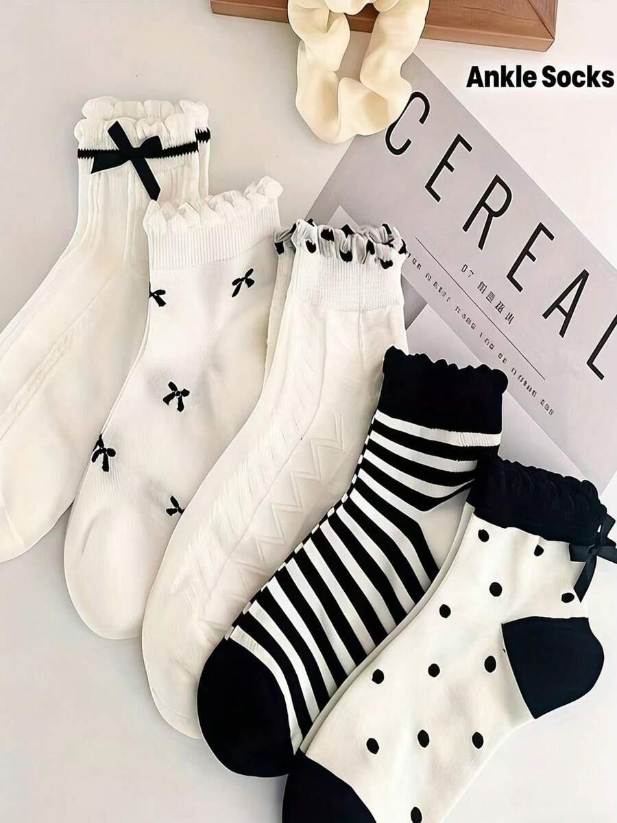 5 đôi tất cổ ngắn nữ kiểu nơ buộc, màu trơn, thoải mái, viền ren, thích hợp cho mùa xuân/hè, tất cổ ngắn dệt kim thoáng khí dành cho nữ. - Nhiều màu - Xem 1