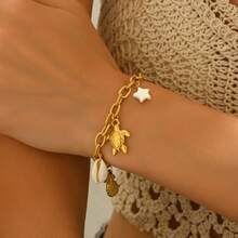 1件海洋风情女士手链，百搭贝壳、海龟和几何金属设计手链，小众配饰 - 金色 - 查看 2