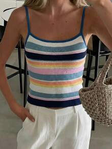 Live To Mo 女士夏季休闲彩虹条纹印花吊带针织上衣，蓝色针织衫，适合海滩度假 - 藏藍白條紋 - 查看 8