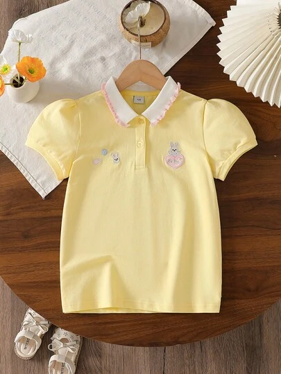 Tween Girl Peter Pan Collar Patch Casual Versatile Commute Short Sleeve Polo Shirt