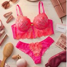 Bra And Panty Set With Padded Cups, Embroidered Tulle, Floral Lace, Elegant Women's Cropped Lingerie Set, Women's Cropped Corset With Wire, Non-Removable Padding, Embroidered Push-Up Bra, Cool, Breathable, High Support, Medium Support, Women's Lingerie Set - 玫瑰紅 - 查看 2