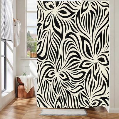 1件简约浴帘，黑色几何线条图案，适用于浴室浴缸隔断、浴室配件、浴室浴帘装饰