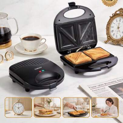  SOKANY 115 三明治机，家用早餐机，面包烤面包机二合一，不粘涂层烤盘，耐热木质机身，恒温控制，指示灯，过热保护，750W功率，快速加热，快速制作三明治，不粘涂层，易于清洁，设计紧凑，易于收纳