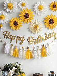 7pcs Sunflower Theme Party Decorations, Paper Sunflower Birthday Party Paper Fans, Bulletin Board Decor, Yellow Paper Flowers Wall Hanging, Sunflower Theme Party Supplies, Baby Shower - Multicolor - View 1