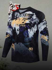 山地自行车运动服，竞速服，MTB BMX ATV 速降摩托车越野T恤，男士健身V领长袖T恤 - 通用款，适合骑行、越野、摩托车旅行、徒步、训练、钓鱼和日常休闲穿着 - 黑色 - 查看 12