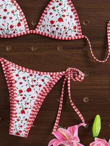 Conjunto de bikini reversible con estampado de cuadros y bloques de color floral lindo, estilo de vacaciones de playa de moda para niñas - Rojo y blanco - Ver 7