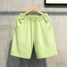 Men's Heavyweight Gradient Washed Drawstring Shorts - Casual Streetwear Elastic Waist Knee Length Shorts With Pockets - Vintage Distressed Denim Look Summer Bottoms For Men -  Y2K Inspired Relaxed Fit Casual Shorts For Daily Wear, Street Style, And Outdoor Activities - 2026 New Arrival American Fashion Essentials - 青檸色 - 查看 6