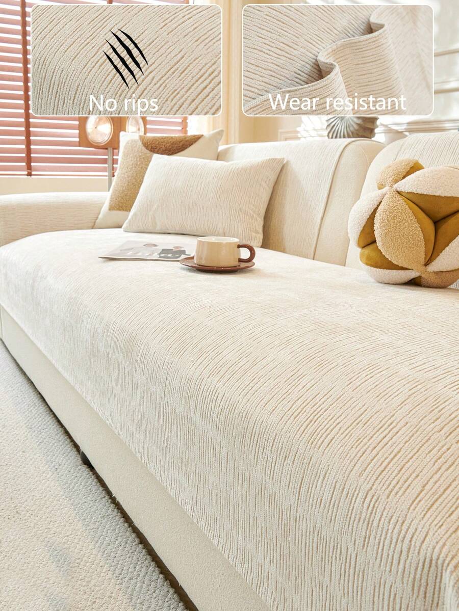 1pc Comfortable Chenille Sofa Cushion Cover, All-Season Universal Sofa Seat Protector, Modern Minimalist Non-Slip Sofa Pad, Dust-Proof And Washable Sofa Slipcover, Beige Fresh And Soft, Color-Fast And Shed-Resistant, Pet-Friendly, Fits L-Shaped Sofa And 1/2/3/4-Seat Sofa