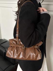 1个复古大容量手提包，通勤超大腋下包，时尚摩托车包，PU纯色油蜡皮革，带肩带装饰，拉链封口，女士单肩包，适用于工作、上学、旅行、购物、商务等场合，适合日常使用。 - 棕色 - 查看 7