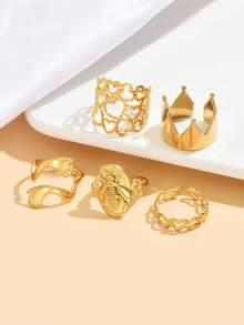 5pcs/Set Fashion Multi-Element Crown Open Ring, Stainless Steel Hollow Heart Ring, Waterproof Non-Fading Finger Jewelry For Women, Holiday Gift & Party Wear - Multiple Elements - View 5