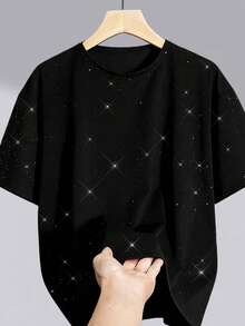 男士夏季星空亮片T恤，圆领休闲上衣，适合运动、街头穿搭、日常穿着、通勤和户外活动 - 黑色 - 查看 4