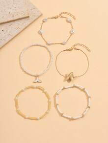 5pcs Delicate Starfish & Mermaid Tail Pendant Bead Chain Multilayer Anklet, Suitable For Teenagers And Daily/Vacation Wear, Random Bead Quantity - Multicolor - View 4