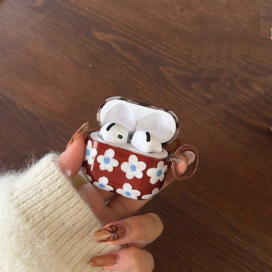 Estuche para auriculares con flor blanca pequeña semi-transparente de color marrón retro con lazo colgante compatible con Pro 2, estuche para auriculares minimalista y lindo para mujeres para Apple 4, 3, New 1/2 Generation