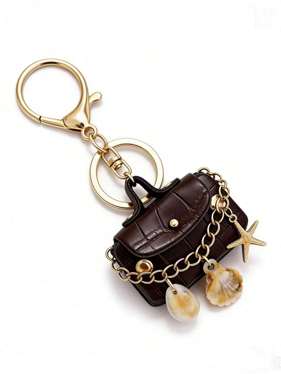 1pc Crocodile Embossed PU Mini Bag Keychains, Beach Seashell Starfish Bag Charm, Vintage Pendant For Car Key Handbag, Summer Birthday Travel Gift - Multicolor - View 1