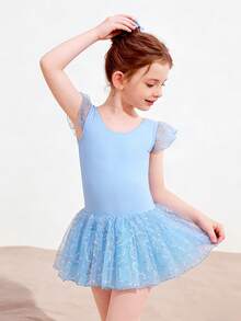 E.DANCE Girls Ballet Leotards Shiny Ruffle Sleeve Toddler Tutu Dresses Ballerina Outfit Dance Dance Dress - 淺藍色 - 查看 3
