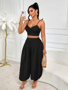 AIJ Amarilo Casual Vacation Sexy Adjustable Bow Tie Blouse Paired With Loose Adjustable Waist Wide Leg Pants With Pockets Black - Black - View 6