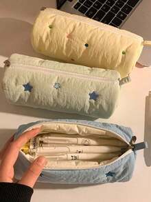 Cute & Creative Star Embroidered Pencil Case, High Quality Ins Style Large Capacity Stationery Pouch For Middle School Girls 2025, Japanese Style Makeup Bag For High School Students,Pencil Pouch,School Bag,School Supplies,Back To School - Vỏ sò xanh - Xem 2
