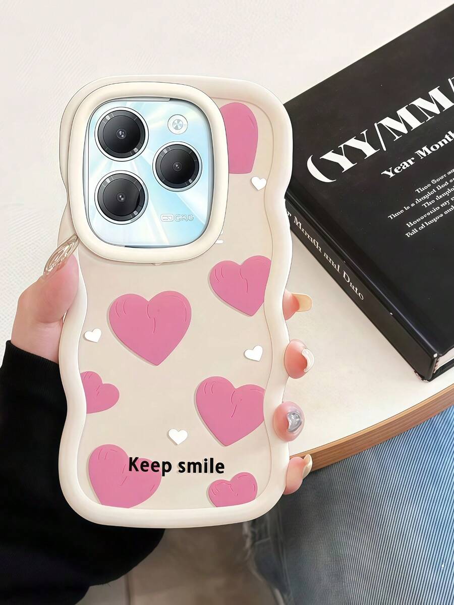 柔软硅胶手机壳，波浪形边缘纹理，创意爱心和“保持微笑”图案，舒适防滑握感，全方位保护，兼容 Moto G04/05/13/14/15/24/34/35、A12/A13/A14/A15/A16/A17/A04/A05/A06/A07/A51/A54/A55/A56/A34/A35A/36/S25/S25Plus/S25Ultra、A54 - 波浪白色 - 查看 1